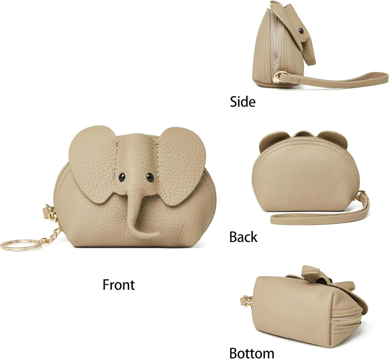 Small Leather Coin Purse for Women Cute Elephant Change Purse for Girls Zipper Coin Pouch Wallet with Key Chain and Wrist Strap(6-Grey)