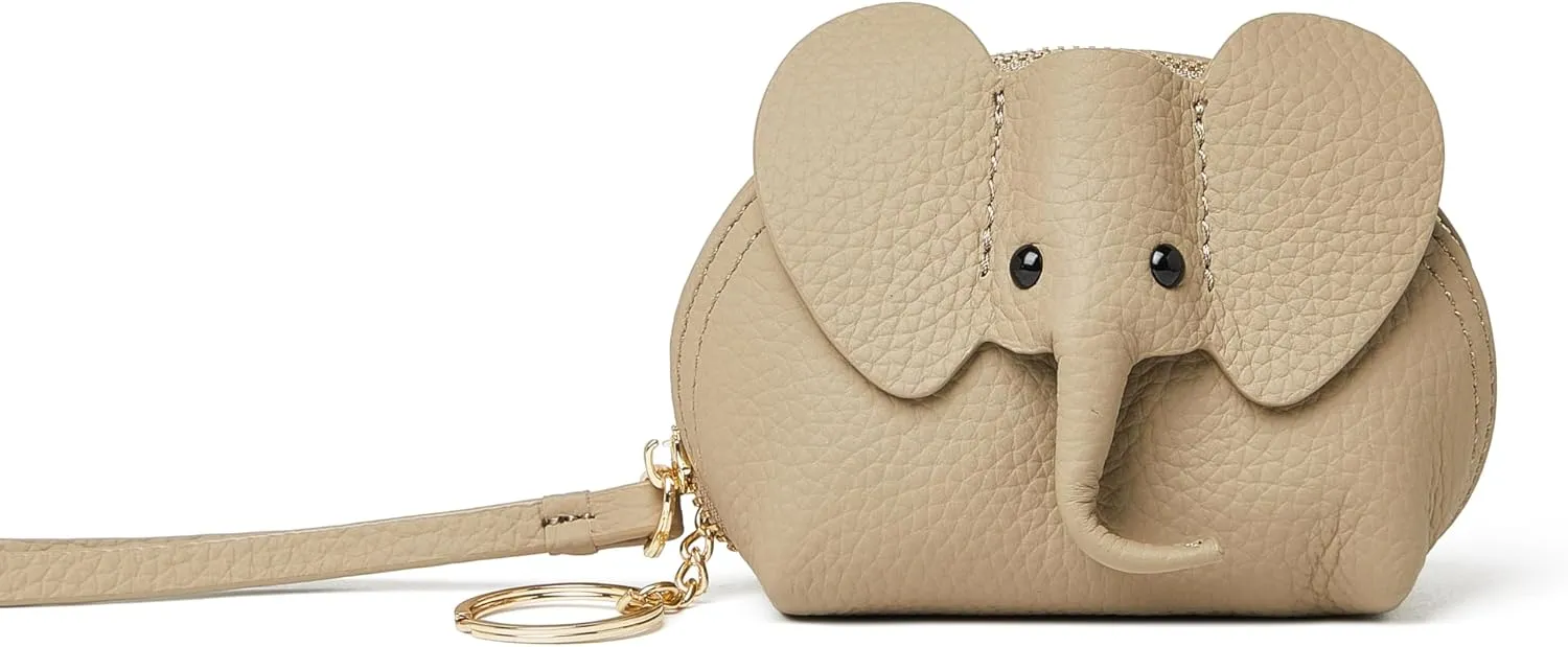 Small Leather Coin Purse for Women Cute Elephant Change Purse for Girls Zipper Coin Pouch Wallet with Key Chain and Wrist Strap(6-Grey)