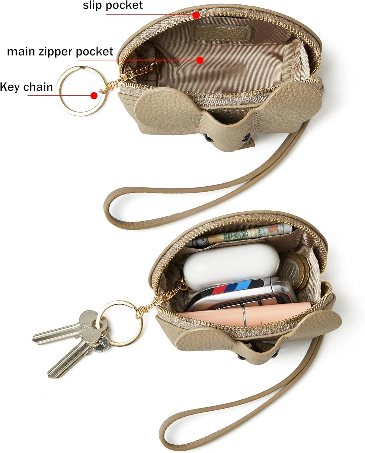 Small Leather Coin Purse for Women Cute Elephant Change Purse for Girls Zipper Coin Pouch Wallet with Key Chain and Wrist Strap(6-Grey)