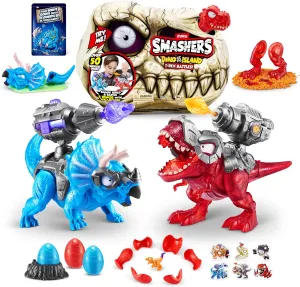 Smashers Dino Island T-Rex Battles (Red Version) by ZURU 50  Surprises Boys Collectible Dinosaur T-Rex Triceratops Surprise Slime Sand Compounds Discovery