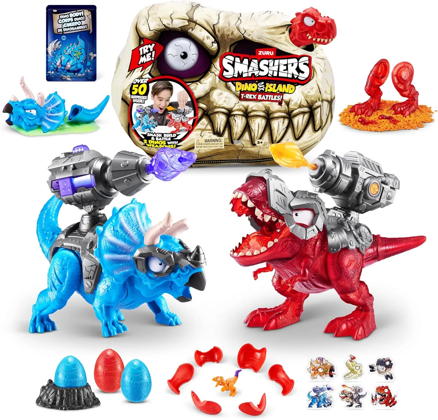 Smashers Dino Island T-Rex Battles (Red Version) by ZURU 50  Surprises Boys Collectible Dinosaur T-Rex Triceratops Surprise Slime Sand Compounds Discovery