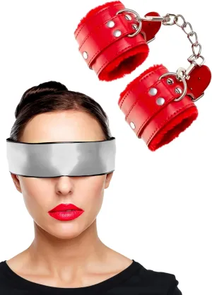 Soft Leather Bangles Hand Ankle Cuffs Bracelet with Connect Chain Hook Satin Eye Mask Adjustable Lock Buckle Bracelets Leather Handcuffs Satin Blindfold Mask Adult Blindfold