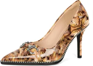 Soireelady Womens High Heel Beaded Pumps Closed Pointed Toe Stiletto Heels Buckle Bow Slip On Fashion Dress Shoes Patent 3.5 Inch
