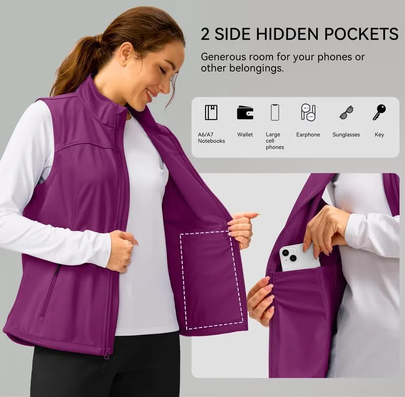 Soothfeel Women's Vest with Zipper Pocekts Lightweight Softshell Sleeveless Jacket Hiking Travel Golf Running Vest for Women