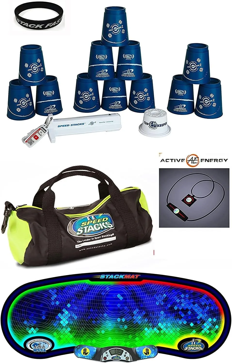 Speed Stacks The Works Custom Combo Set: 12 Blue PRO Series Choi 4" Cups, Cup Keeper, Quick Release Stem, Pro Timer G4, Mat, Gear Bag   Active E Necklace $49 Value