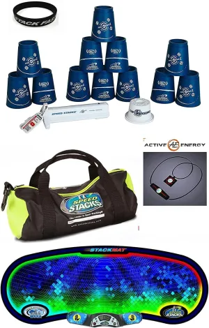 Speed Stacks The Works Custom Combo Set: 12 Blue PRO Series Choi 4" Cups, Cup Keeper, Quick Release Stem, Pro Timer G4, Mat, Gear Bag   Active E Necklace $49 Value