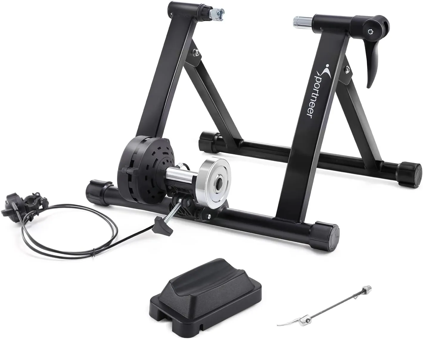 Sportneer Bike Trainer - Magnetic Stationary Stand for 26-28" & 700C Wheels - 8 Level Resistance Portable Stainless Steel Indoor Trainer with Quick Release Lever & Front Wheel Riser Block