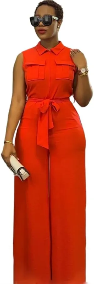Spring Summer Sleeveless Wide Leg Jumpsuit Women Neck Pocket Front Zipper Street One Suit Playsuits