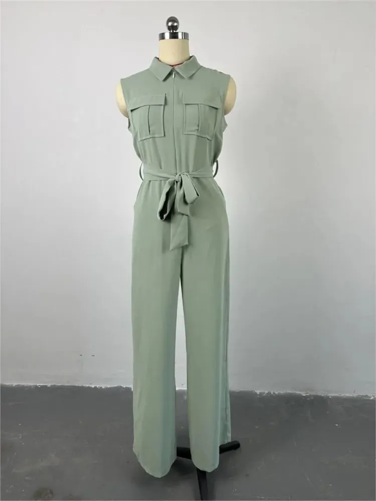 Spring Summer Sleeveless Wide Leg Jumpsuit Women Neck Pocket Front Zipper Street One Suit Playsuits