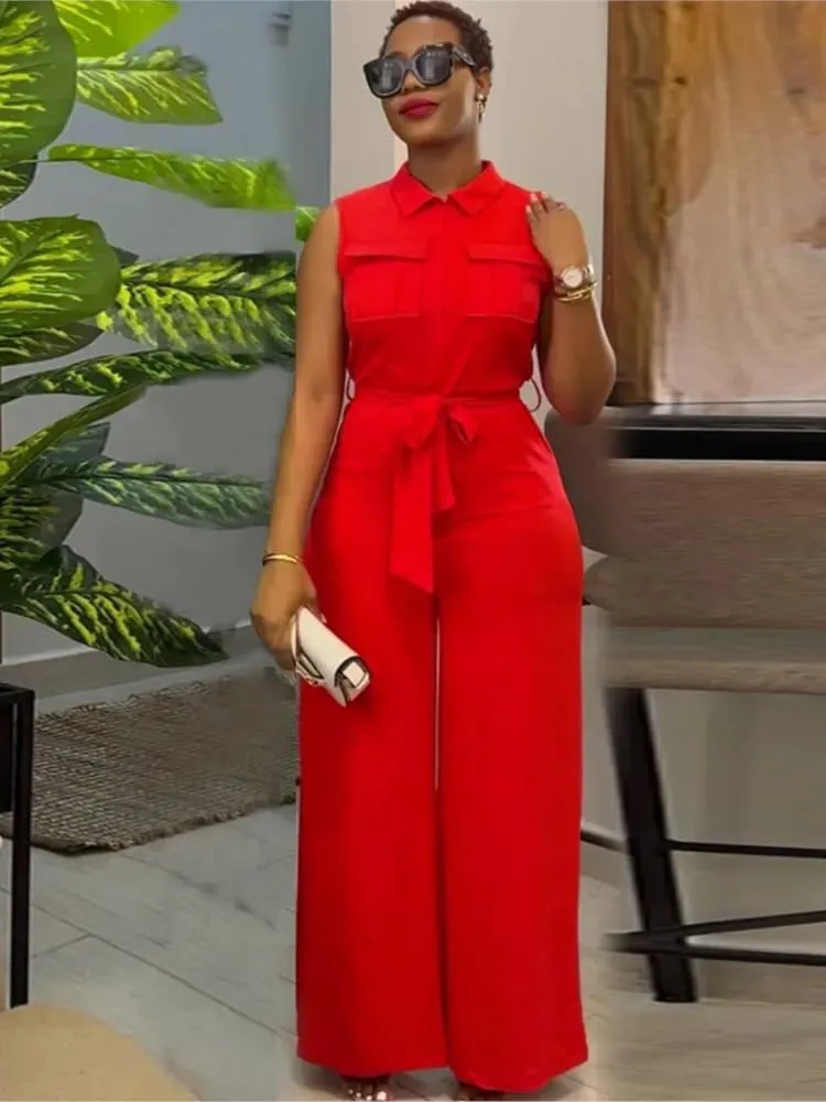 Spring Summer Sleeveless Wide Leg Jumpsuit Women Neck Pocket Front Zipper Street One Suit Playsuits