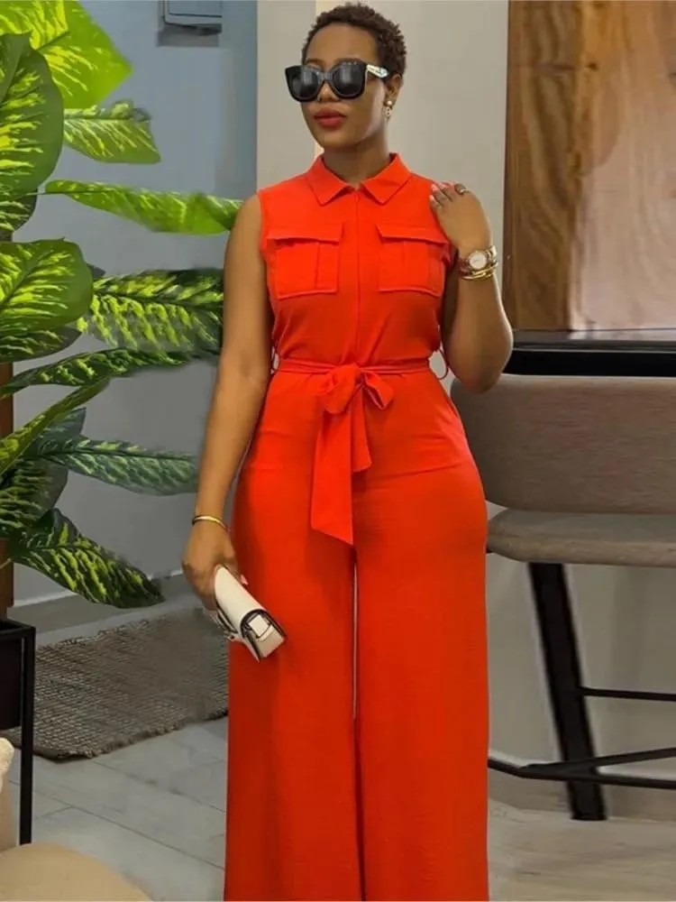 Spring Summer Sleeveless Wide Leg Jumpsuit Women Neck Pocket Front Zipper Street One Suit Playsuits