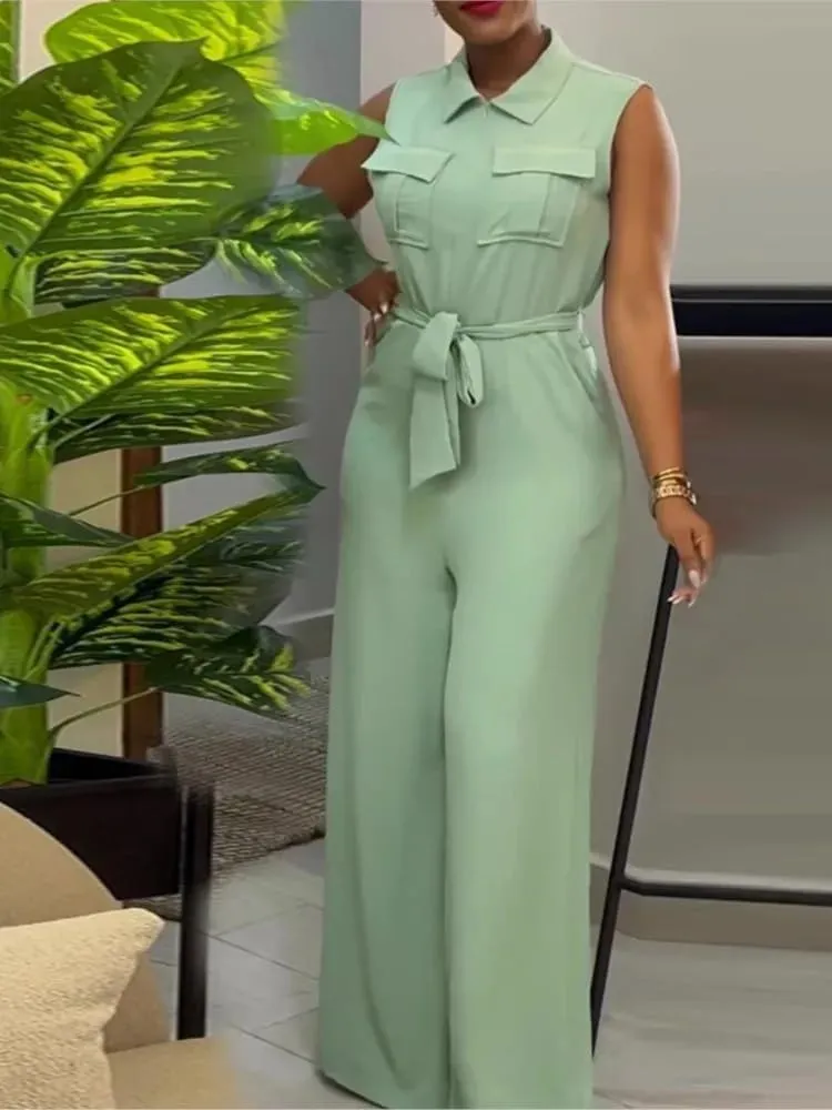 Spring Summer Sleeveless Wide Leg Jumpsuit Women Neck Pocket Front Zipper Street One Suit Playsuits