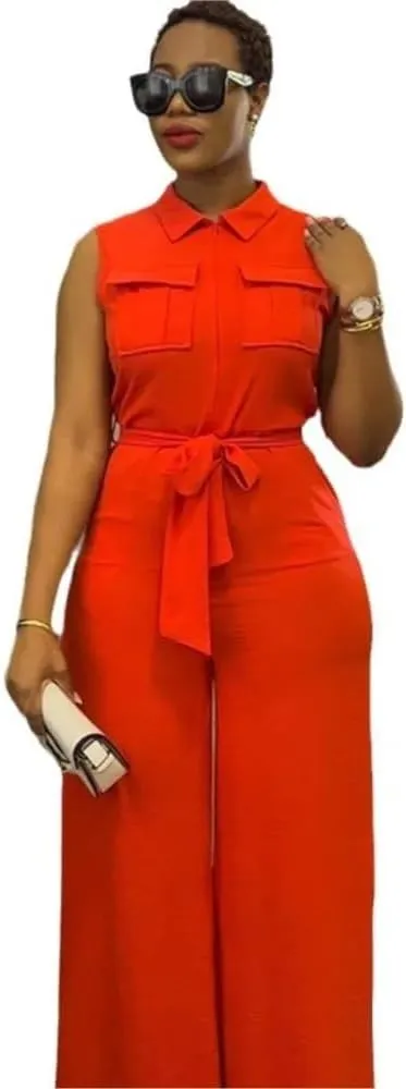 Spring Summer Sleeveless Wide Leg Jumpsuit Women Neck Pocket Front Zipper Street One Suit Playsuits