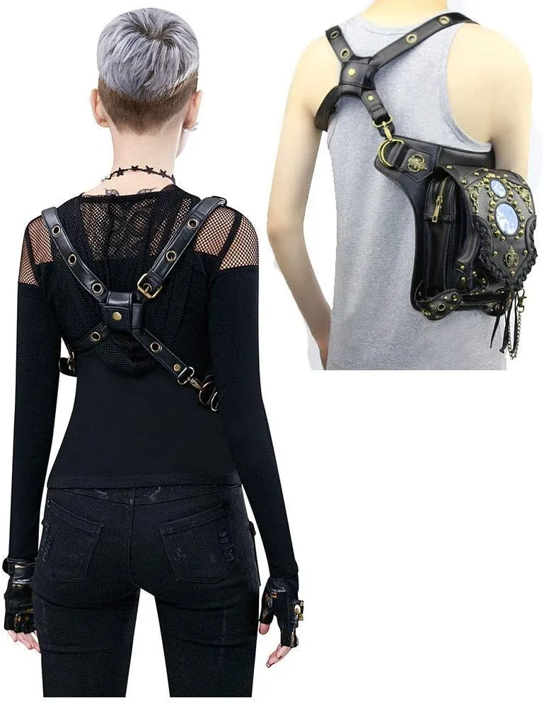 Steampunk Waist Bag Fanny Pack Fashion Gothic Leather Shoulder Crossbody Messenger Bags Thigh Leg Hip Holster Purse Travel Pouch Hiking Sport Chain Bags for Women Men