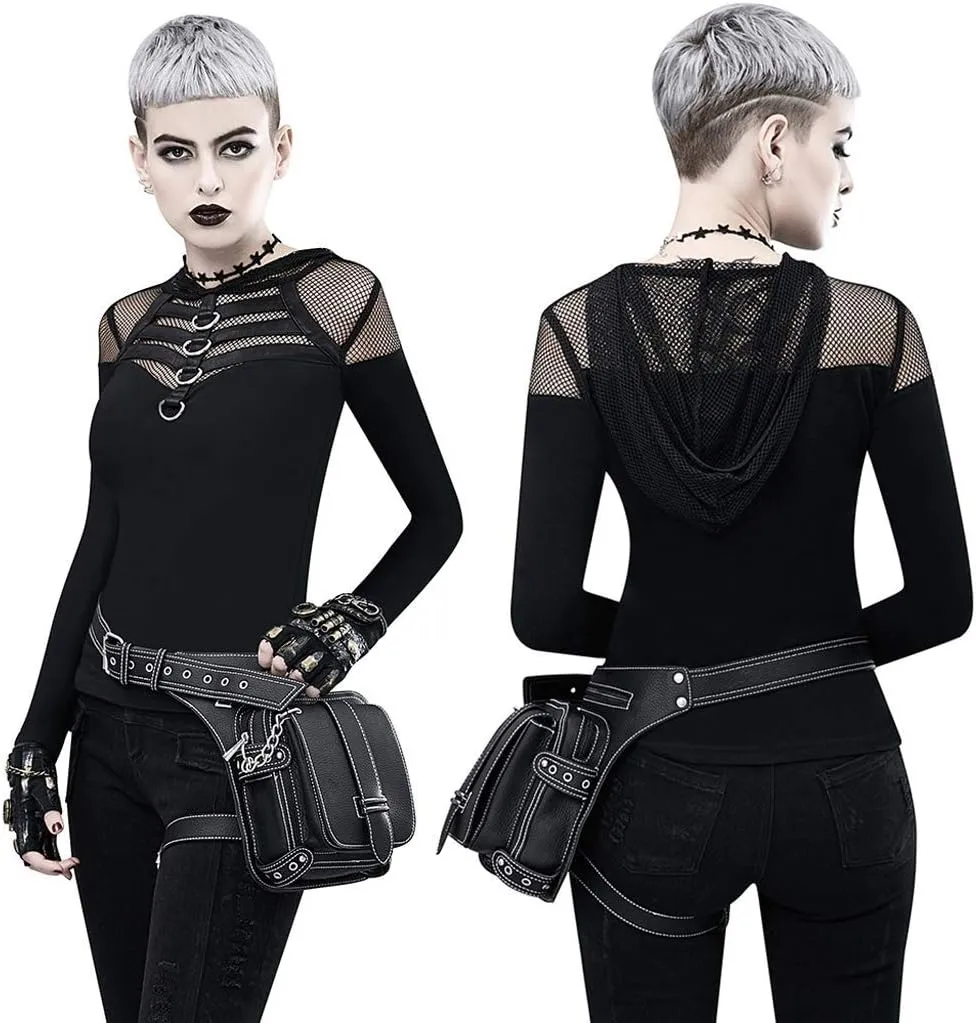 Steampunk Waist Bag Fanny Pack Fashion Gothic Leather Shoulder Crossbody Messenger Bags Thigh Leg Hip Holster Purse Travel Pouch Hiking Sport Chain Bags for Women Men
