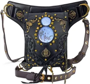 Steampunk Waist Bag Fanny Pack Fashion Gothic Leather Shoulder Crossbody Messenger Bags Thigh Leg Hip Holster Purse Travel Pouch Hiking Sport Chain Bags for Women Men
