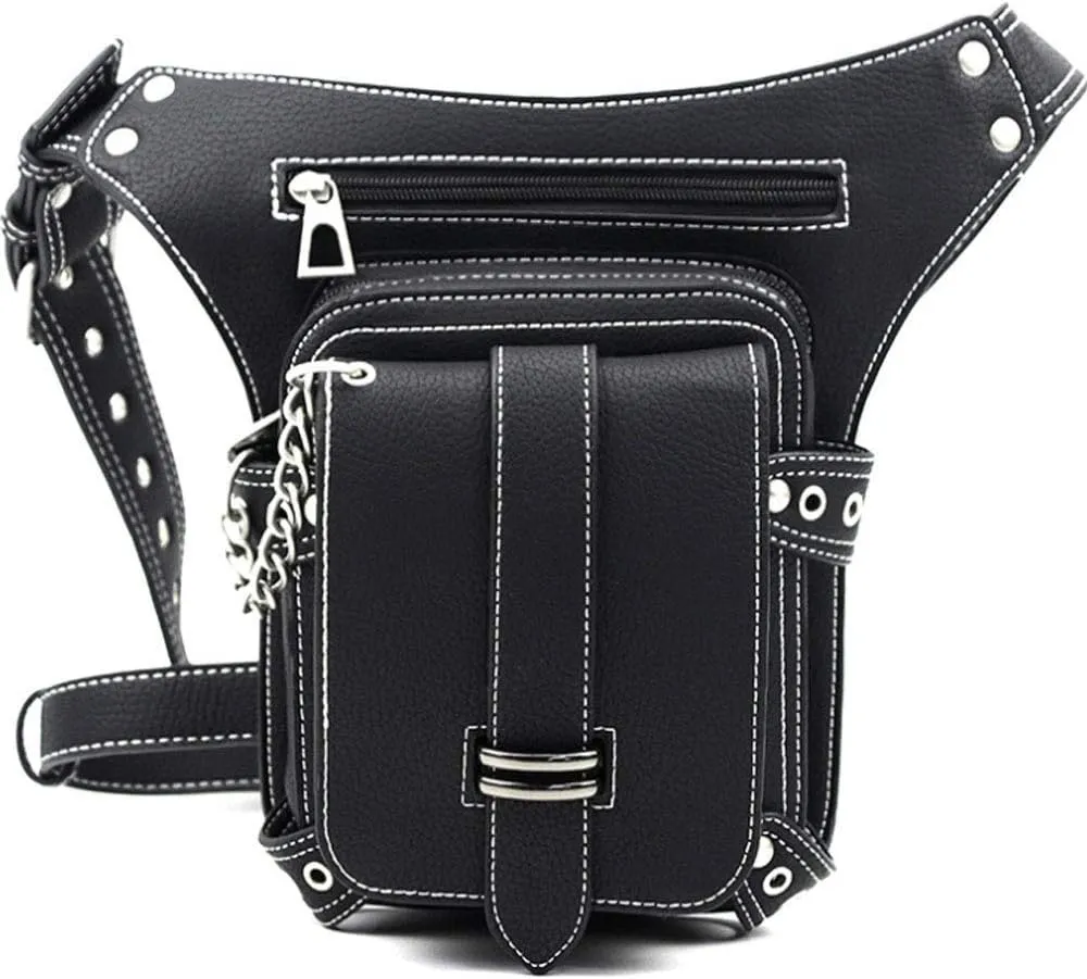 Steampunk Waist Bag Fanny Pack Fashion Gothic Leather Shoulder Crossbody Messenger Bags Thigh Leg Hip Holster Purse Travel Pouch Hiking Sport Chain Bags for Women Men