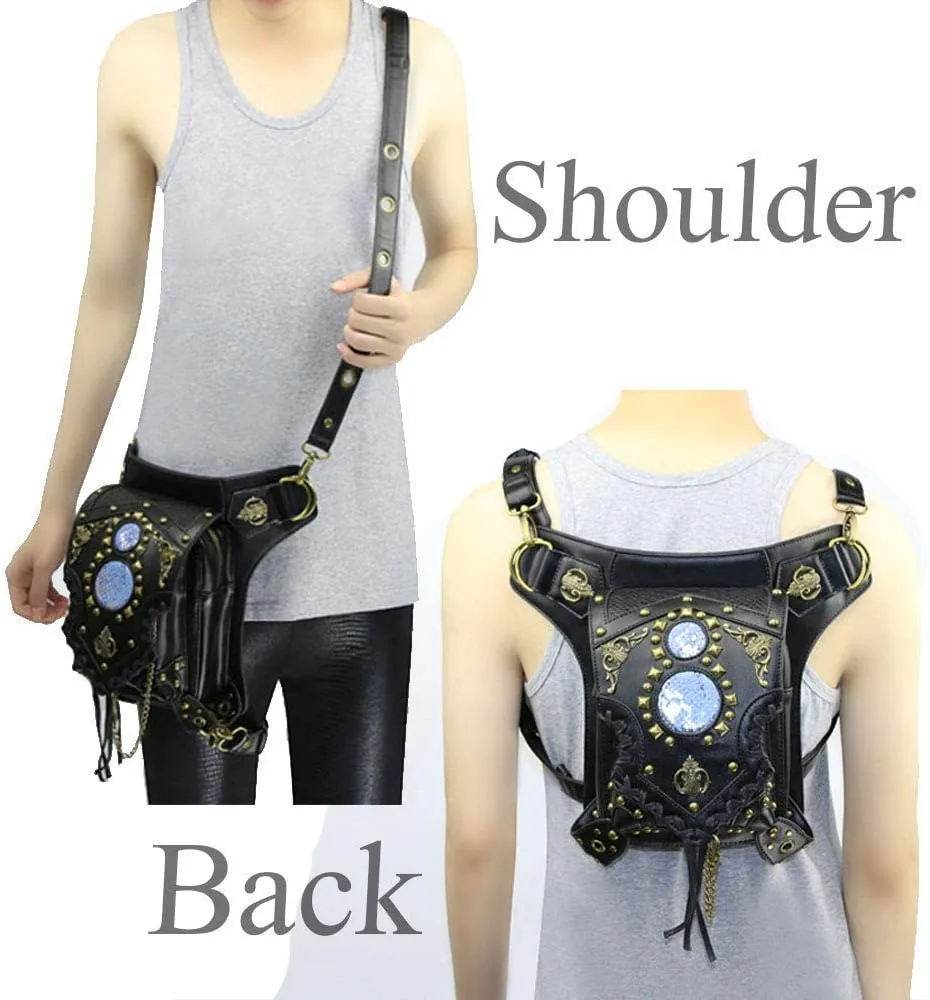 Steampunk Waist Bag Fanny Pack Fashion Gothic Leather Shoulder Crossbody Messenger Bags Thigh Leg Hip Holster Purse Travel Pouch Hiking Sport Chain Bags for Women Men