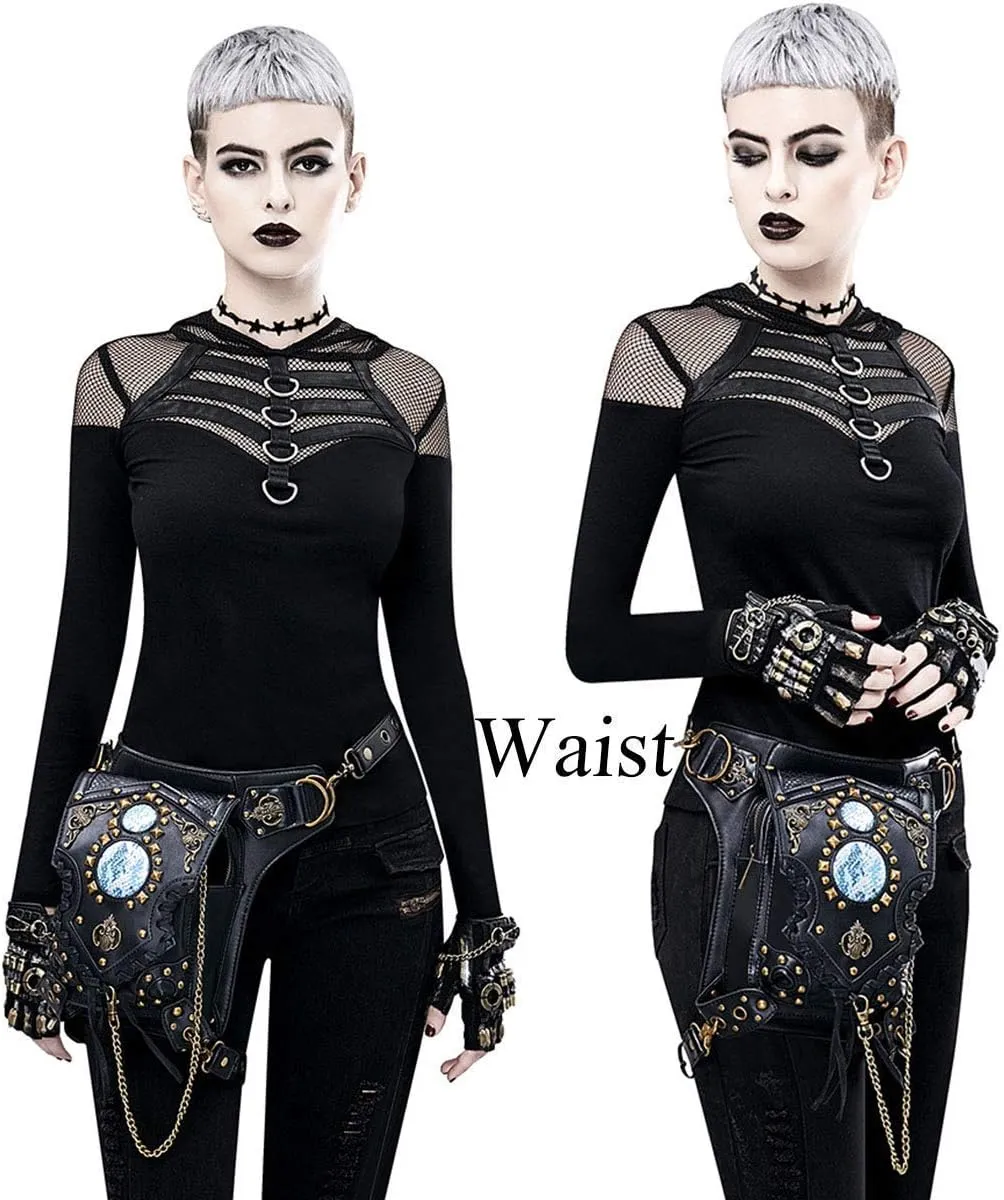 Steampunk Waist Bag Fanny Pack Fashion Gothic Leather Shoulder Crossbody Messenger Bags Thigh Leg Hip Holster Purse Travel Pouch Hiking Sport Chain Bags for Women Men