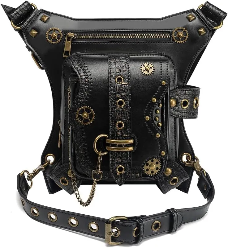 Steampunk Waist Bag Fanny Pack Thigh Holster Purse Gothic Leather Shoulder Crossbody Hiking Chain Messenger Bag