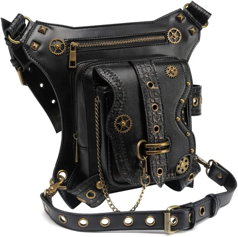 Steampunk Waist Bag Fanny Pack Thigh Holster Purse Gothic Leather Shoulder Crossbody Hiking Chain Messenger Bag