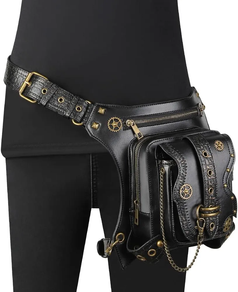 Steampunk Waist Bag Fanny Pack Thigh Holster Purse Gothic Leather Shoulder Crossbody Hiking Chain Messenger Bag
