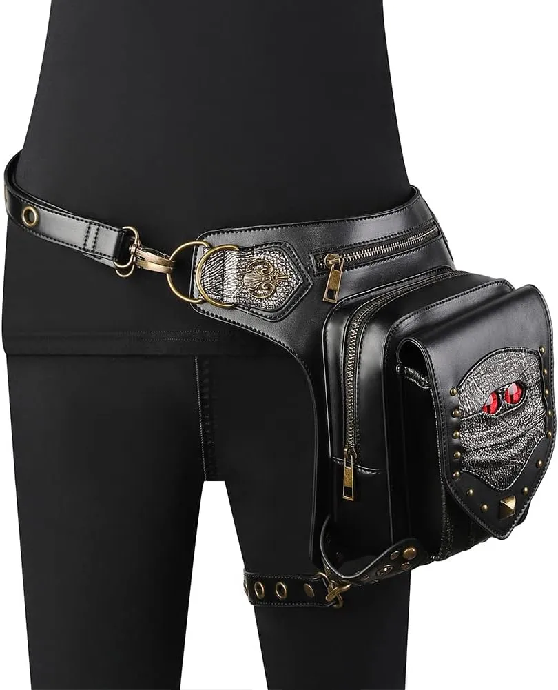 Steampunk Waist Bag Fanny Pack Thigh Holster Purse Gothic Leather Shoulder Crossbody Hiking Chain Messenger Bag