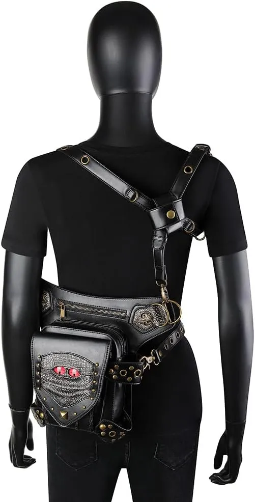 Steampunk Waist Bag Fanny Pack Thigh Holster Purse Gothic Leather Shoulder Crossbody Hiking Chain Messenger Bag