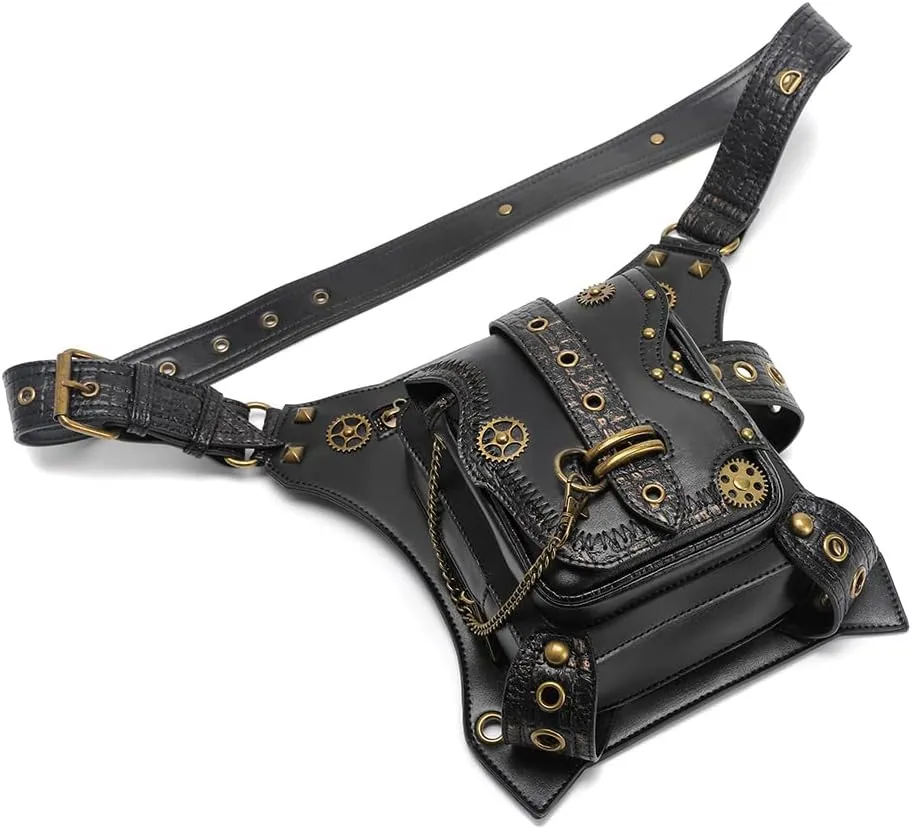 Steampunk Waist Bag Fanny Pack Thigh Holster Purse Gothic Leather Shoulder Crossbody Hiking Chain Messenger Bag