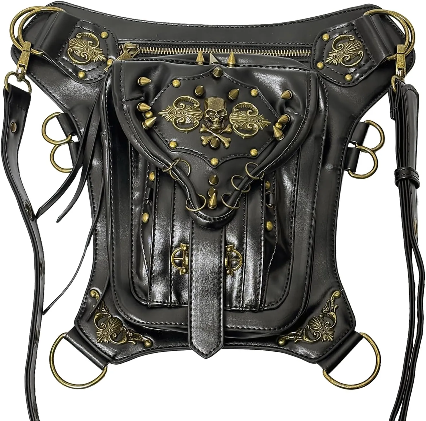 Steampunk Waist Bag PU Leather Gothic Vintage Shoulder Bag Thigh Leg Motorcycle Crossbody Bag Fanny Pack for Women Men, Skull