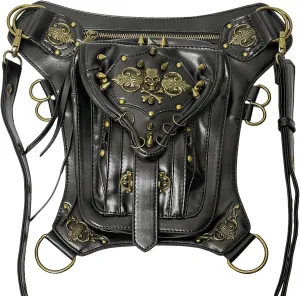 Steampunk Waist Bag PU Leather Gothic Vintage Shoulder Bag Thigh Leg Motorcycle Crossbody Bag Fanny Pack for Women Men, Skull