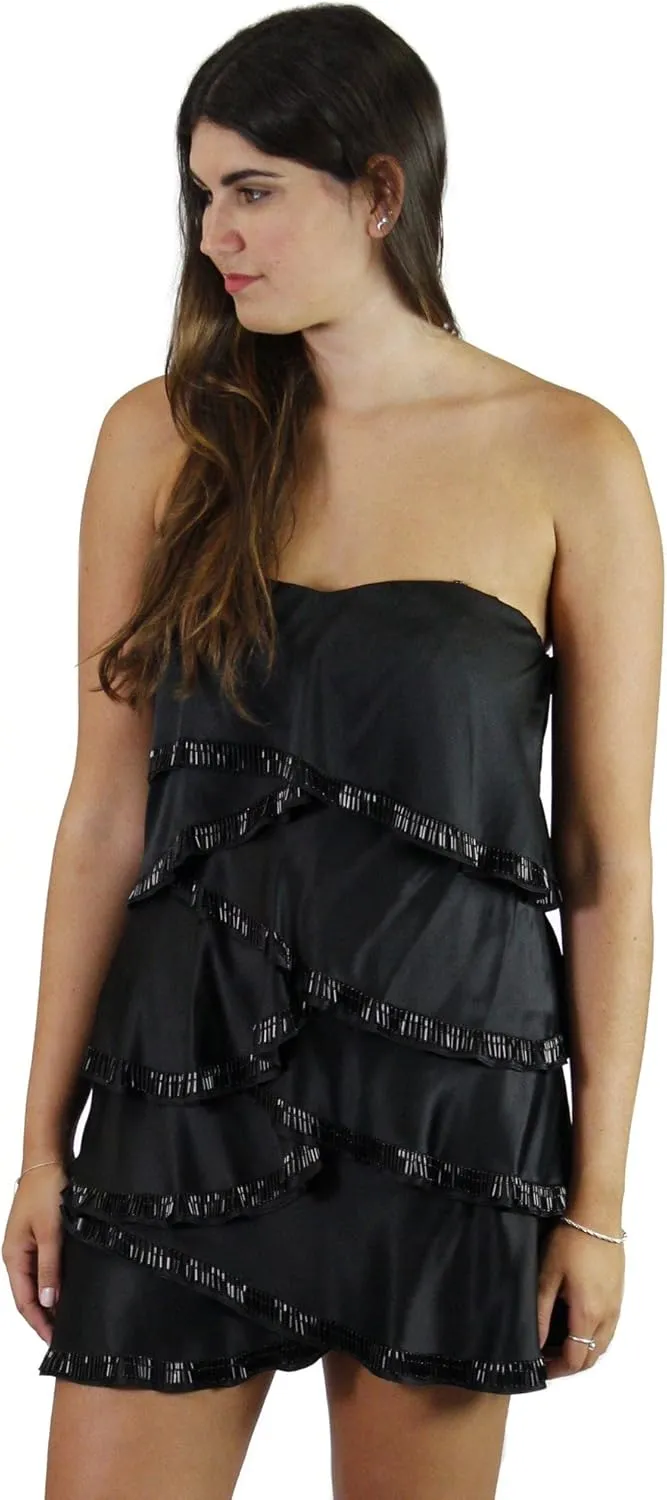 Strapless Beaded Tiered Dress, Black, Medium