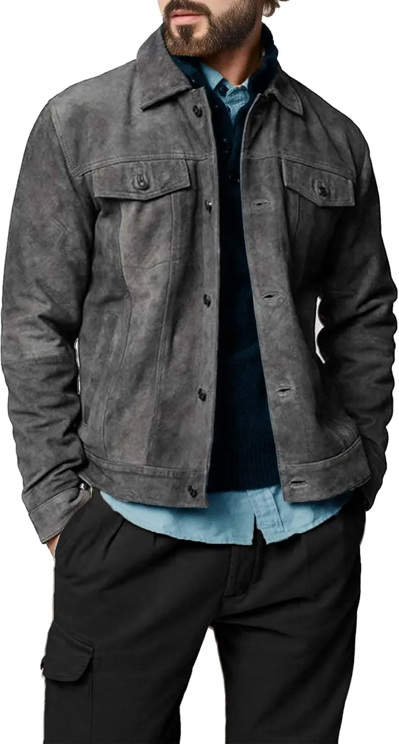 Suede Jacket for Men - Premium Suede Leather Bomber Jacket | Trucker Coat for Mens
