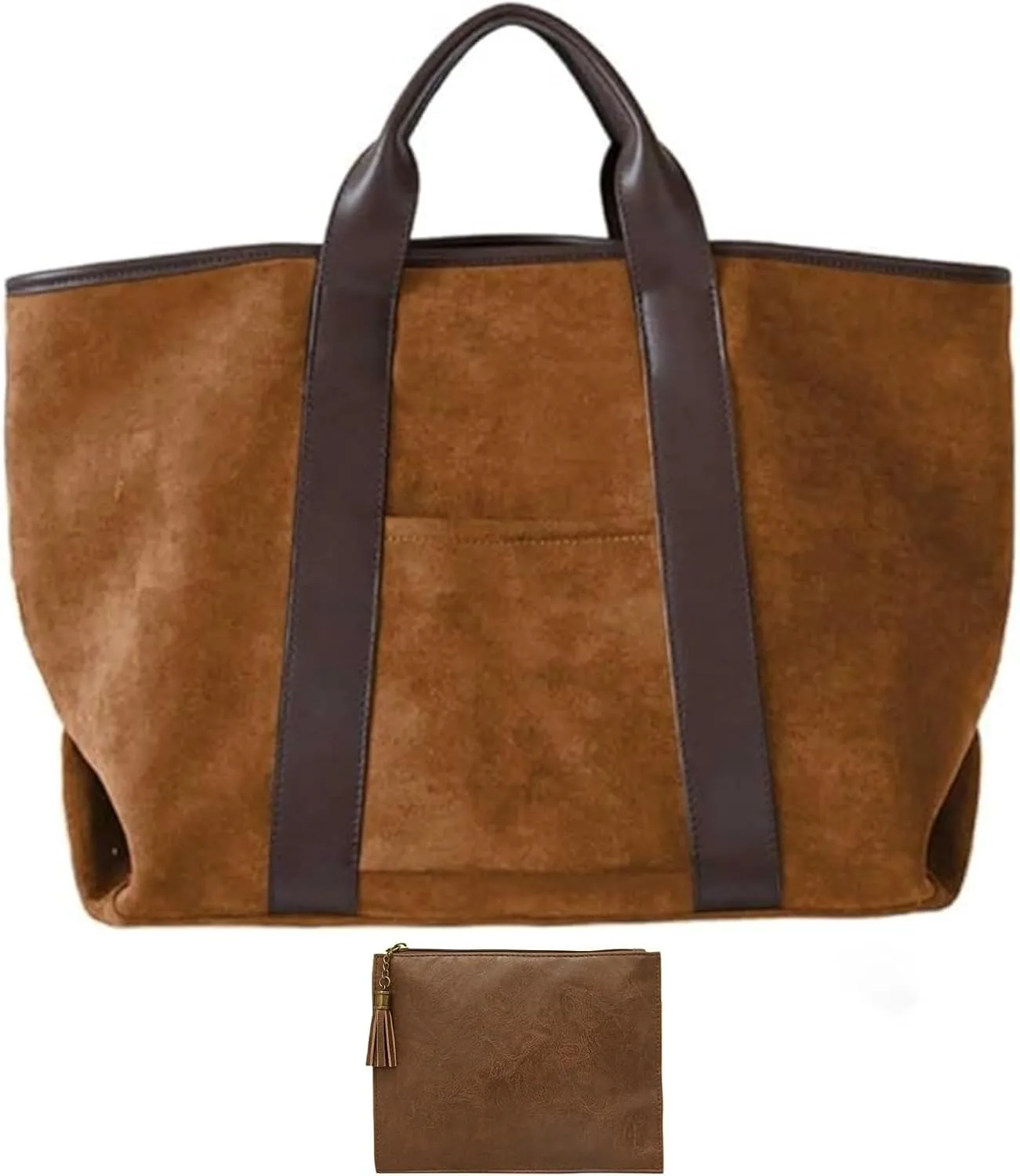 Suede Tote & Clutch Set - Large Work Bag, Faux Suede Handbag, Vintage Fall Bag