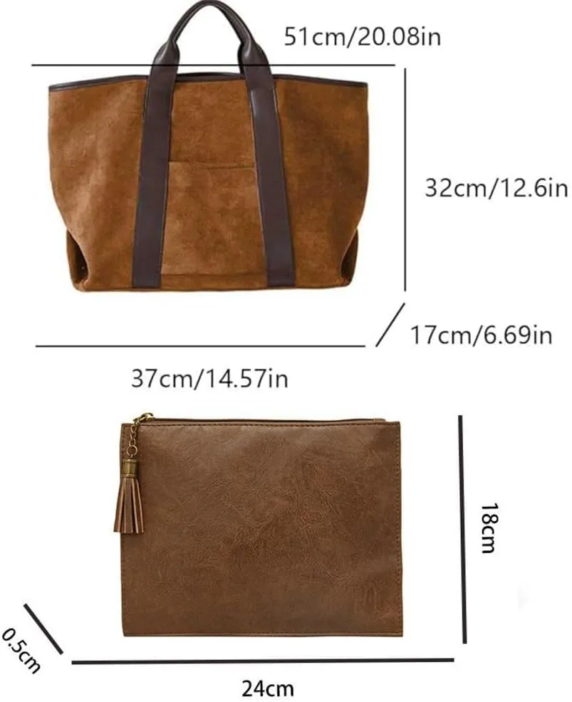 Suede Tote & Clutch Set - Large Work Bag, Faux Suede Handbag, Vintage Fall Bag