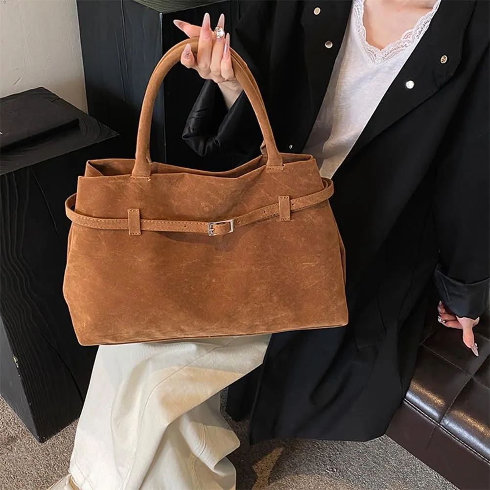 Suede Tote Bag for Women, Brown Suede Handbag Slouchy Hobo Bag Leather Purse Fall Winter Work Bag