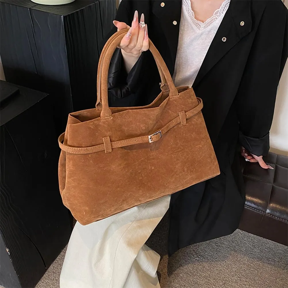 Suede Tote Bag for Women, Brown Suede Handbag Slouchy Hobo Bag Leather Purse Fall Winter Work Bag