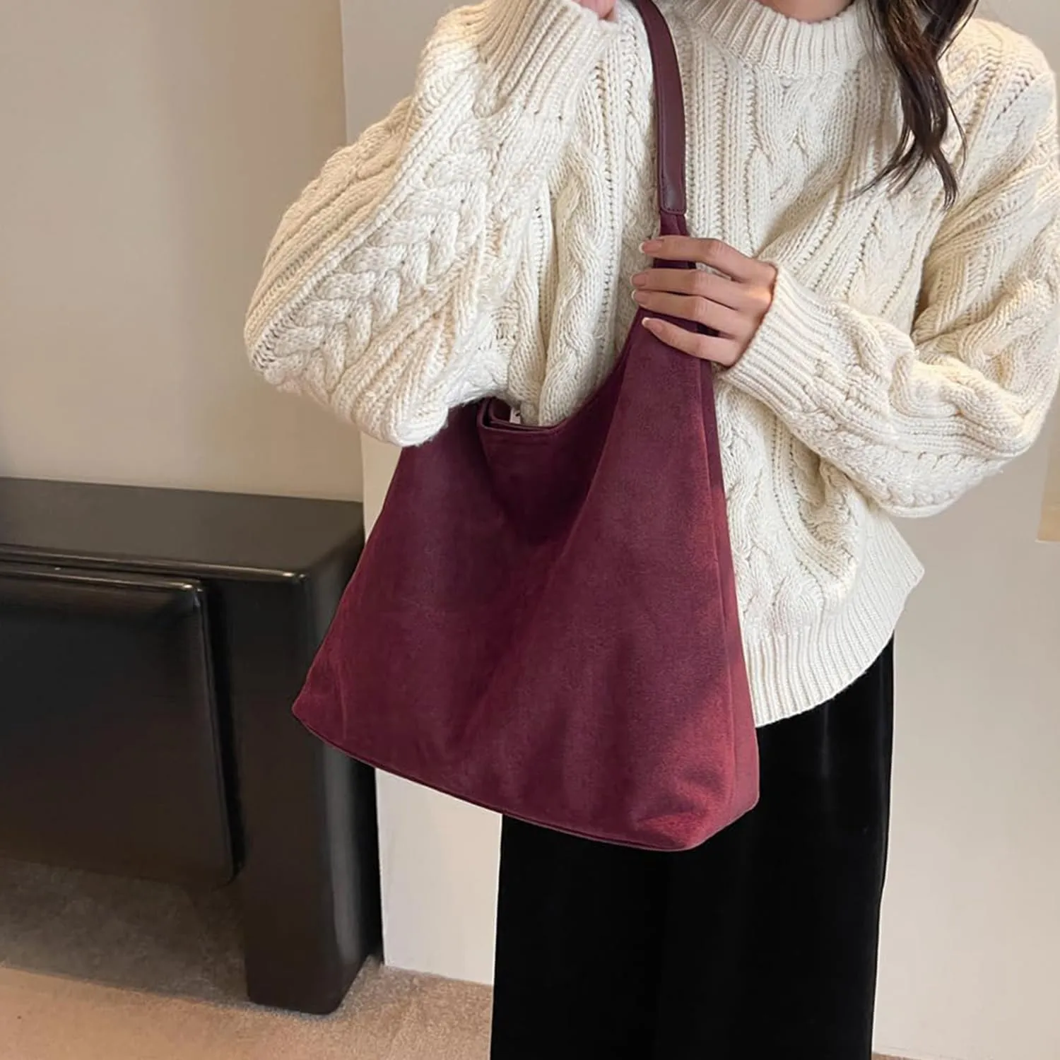 Suede Tote Bag for Women, Large Capacity Work Handbag, Stylish Hobo Shoulder Purse for Daily Use