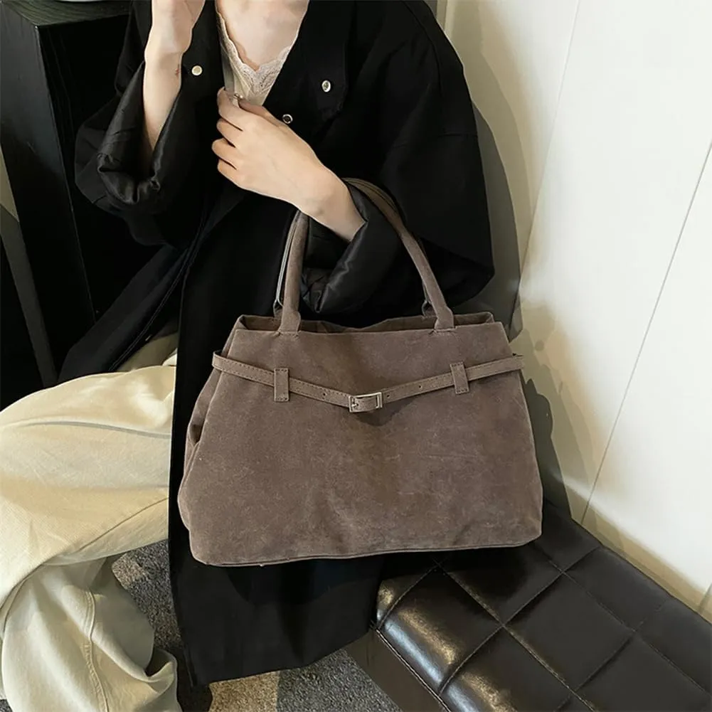 Suede Tote Bag for Women Slouchy Work Tote Bag Faux Suede Top Handle Bag Retro Brown Suede Handbag Purse