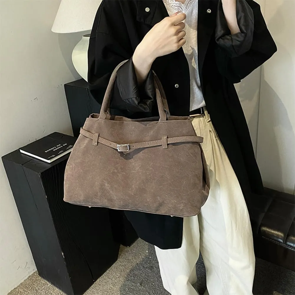 Suede Tote Bag for Women Slouchy Work Tote Bag Faux Suede Top Handle Bag Retro Brown Suede Handbag Purse