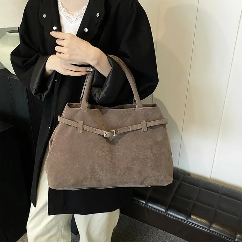 Suede Tote Bag for Women Slouchy Work Tote Bag Faux Suede Top Handle Bag Retro Brown Suede Handbag Purse