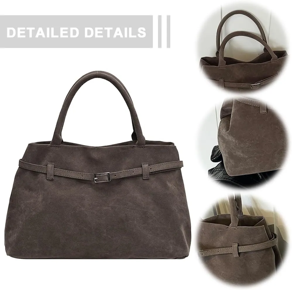 Suede Tote Bag for Women Slouchy Work Tote Bag Faux Suede Top Handle Bag Retro Brown Suede Handbag Purse