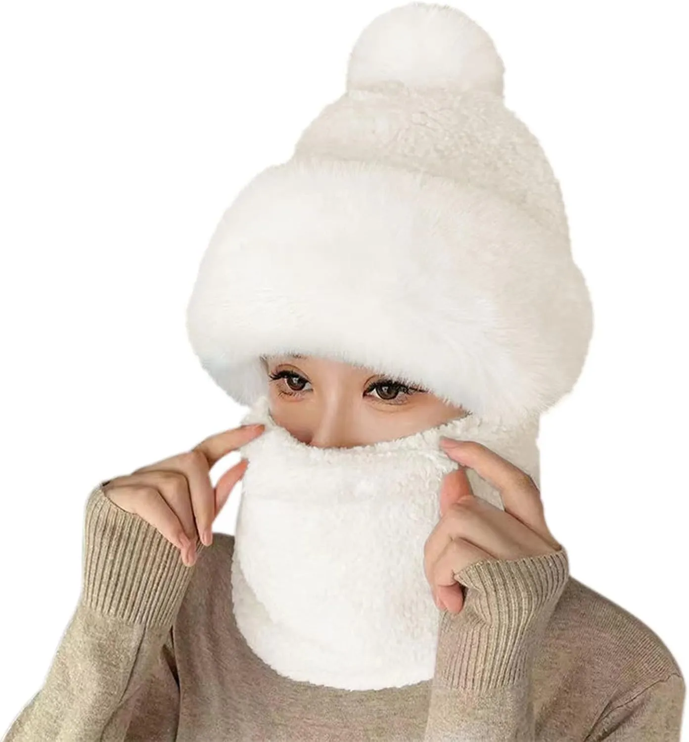 SUKIYAKI Womens Winter Fleece Warm Hat with Faux Fur Pom Cycling Windproof Scarf Hat Ski Cap, Scarf Hat Mask Integrated Hat