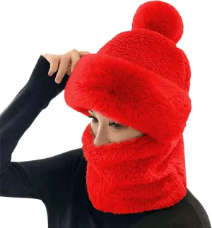SUKIYAKI Womens Winter Fleece Warm Hat with Faux Fur Pom Cycling Windproof Scarf Hat Ski Cap, Scarf Hat Mask Integrated Hat