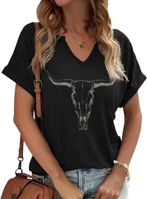 Summer Sexy V-Neck Vintage Western Rodeo Cowboy Steer Skull Shirt for Women Casual Boho Cowgirl Boots Graphic Tees