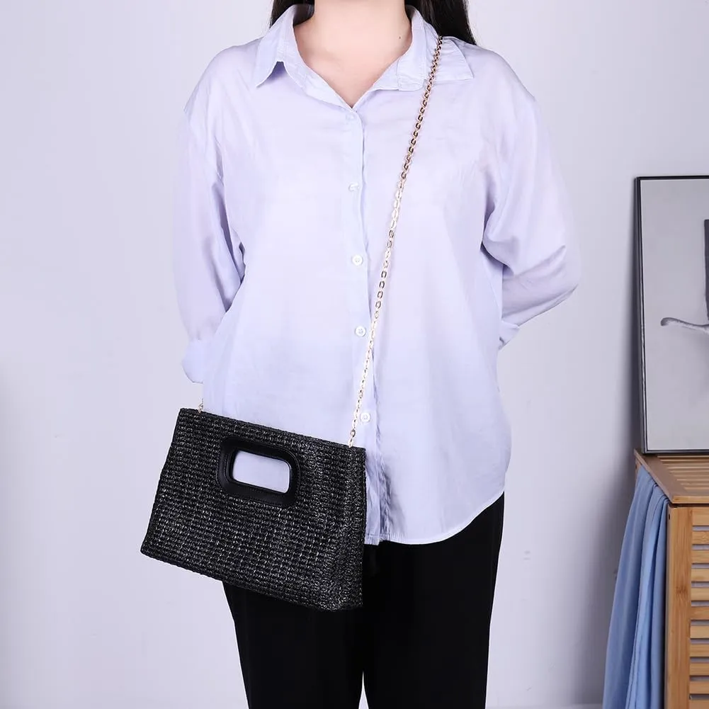 Summer Straw Clutch Purse with Top Handle Shoulder Bag with Removable Chain Evening Handbag for Women Wedding Party
