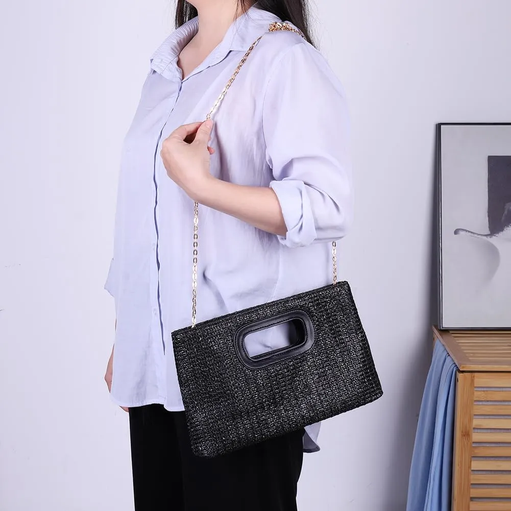 Summer Straw Clutch Purse with Top Handle Shoulder Bag with Removable Chain Evening Handbag for Women Wedding Party