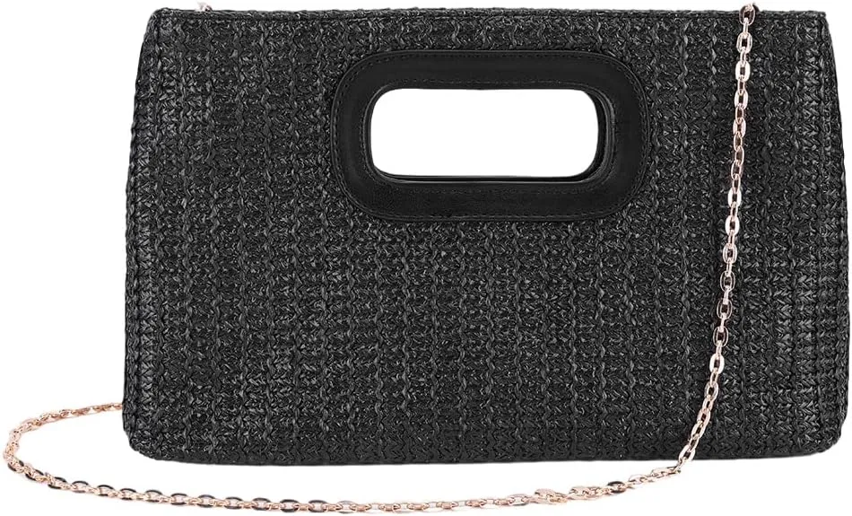 Summer Straw Clutch Purse with Top Handle Shoulder Bag with Removable Chain Evening Handbag for Women Wedding Party
