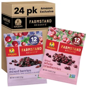Sun-Maid Farmstand Reserve 24 Count Variety Pack - 0.8 oz Snack Bag – (12) Whole Dried Cranberries and (12) Dried Mixed Berries (Amazon Exclusive)