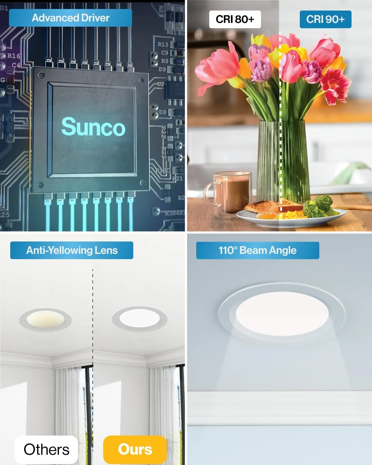 Sunco 12 Pack 6 Inch LED Recessed Light, Ceiling Canless Recessed Lights, Baffle Trim Ultra Thin, 850 LM, 14W, 5000K Daylight, Dimmable, Wafer Thin with Junction Box